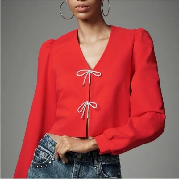 Dolan Red Blouse Dolan sparkle Bow-Front Cardigan Top eye and hook clasps size S